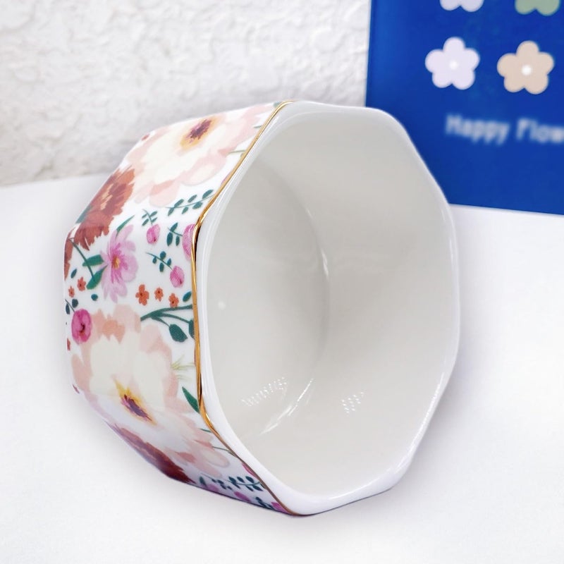 LEAZUL Ceramic Paper Clip Holder Gold Line Paper Clip Dispenser Organizer for Desk Cute Floral Pattern Office Binder Clip Holder Bobby Pin and Hair Clip Holder Gift for Office (White Pink) - Image 4